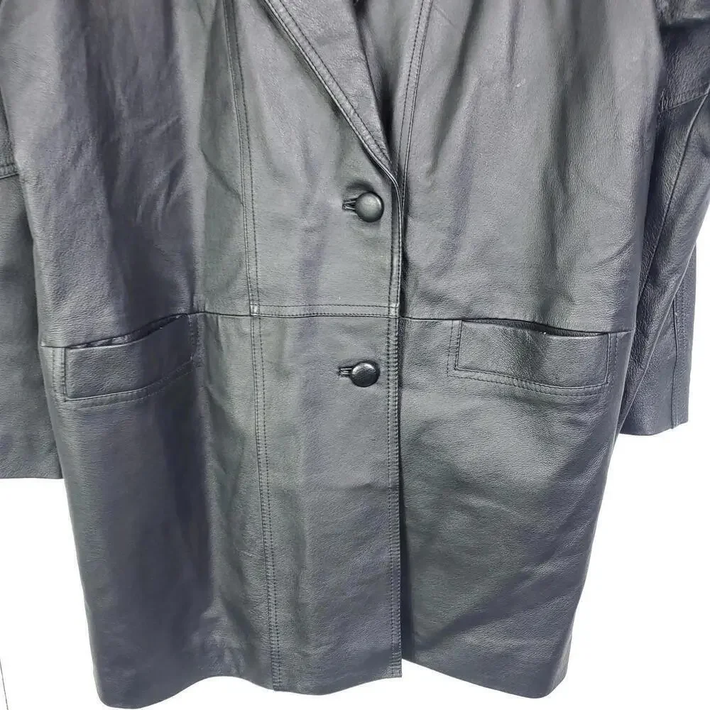 Tribeca Studio Leather Coat Womens Large Mid Length Black Minimalist Classic